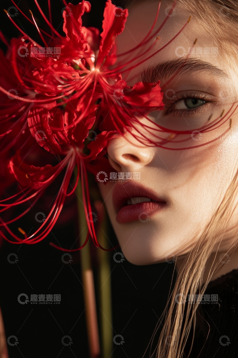 高清大图下载【趣麦麦图】红花掩映下的女子侧脸