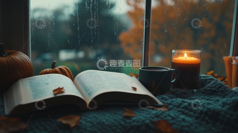 高清大图下载【趣麦麦图】窗边阅读：秋日温馨一角
