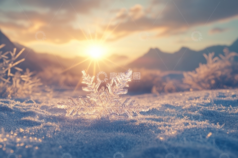 高清大图下载【趣麦麦图】冬日雪景，夕阳映照冰晶