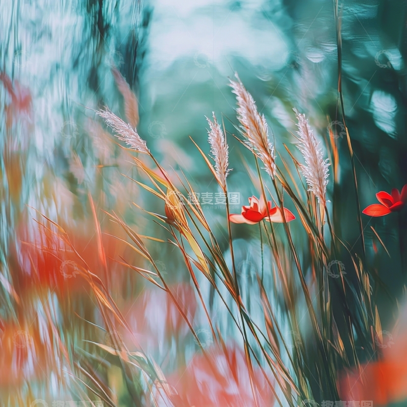高清大图下载【趣麦麦图】风中摇曳的芦苇与红花