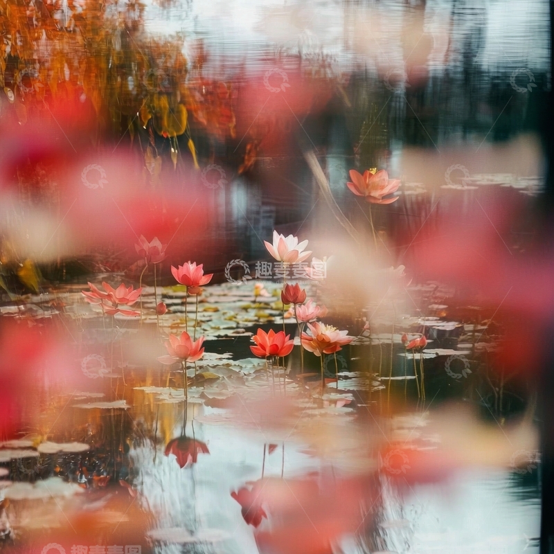 高清大图下载【趣麦麦图】池塘中的莲花与秋叶倒影