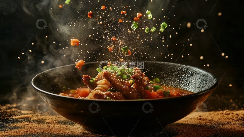 高清大图下载【趣麦麦图】热气腾腾的炒菜，食材四溅