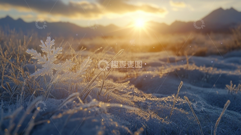 高清大图下载【趣麦麦图】晨曦中的霜花与草地