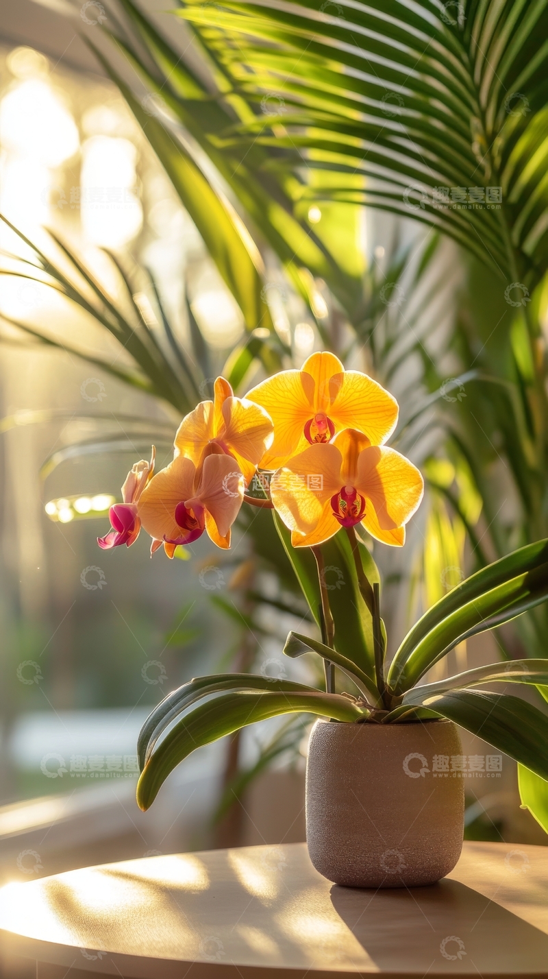 高清大图下载【趣麦麦图】阳光下的黄色兰花盆栽