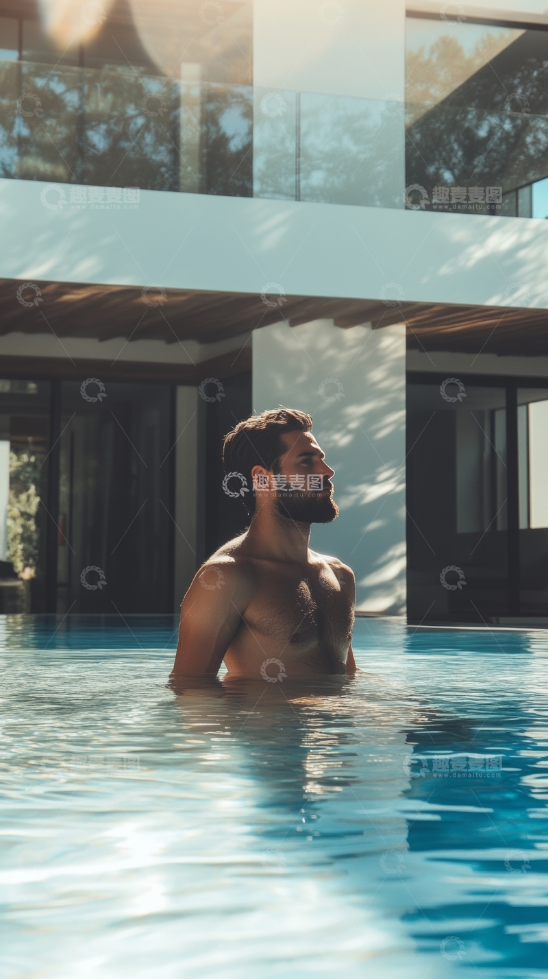 高清大图下载【趣麦麦图】泳池中仰望的男子
