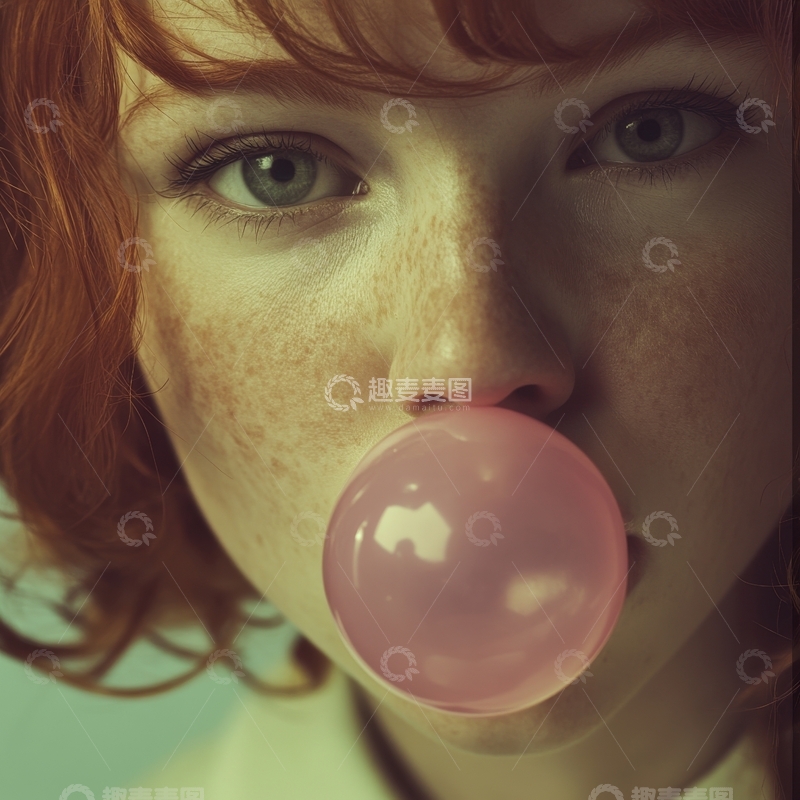 高清大图下载【趣麦麦图】吹泡泡糖的红发女孩
