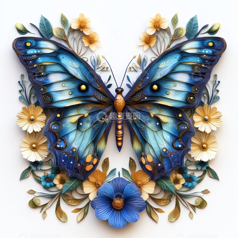 高清大图下载【趣麦麦图】蓝色蝴蝶与花卉的艺术组合