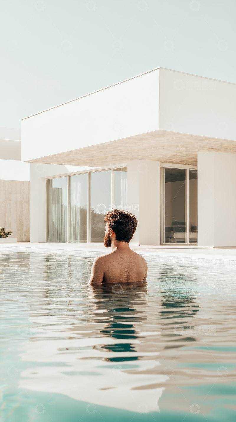 高清大图下载【趣麦麦图】泳池中的人背对现代建筑
