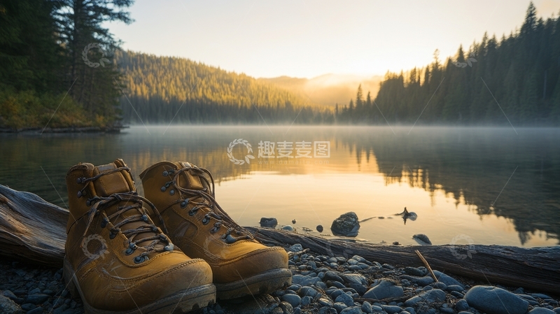 高清大图下载【趣麦麦图】湖畔晨光与徒步鞋