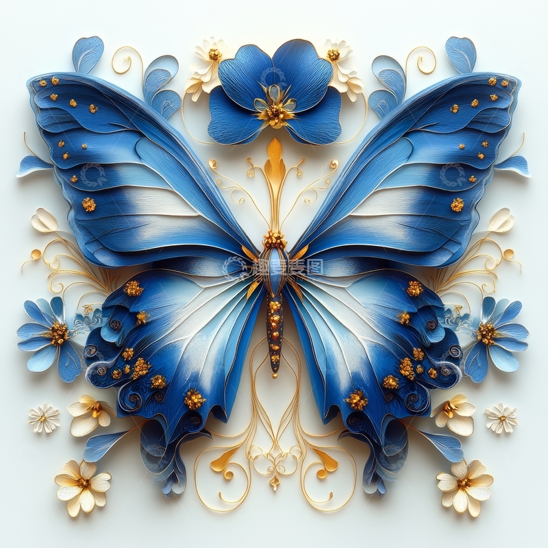 高清大图下载【趣麦麦图】蓝色蝴蝶与花卉的艺术插画
