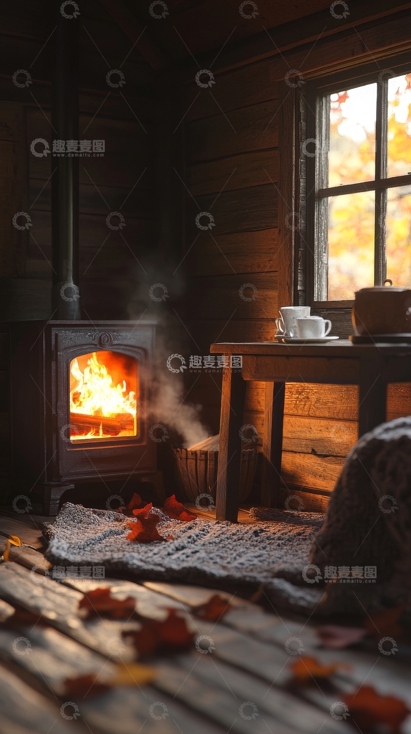 高清大图下载【趣麦麦图】温暖的木屋内景，壁炉旁的宁静时光