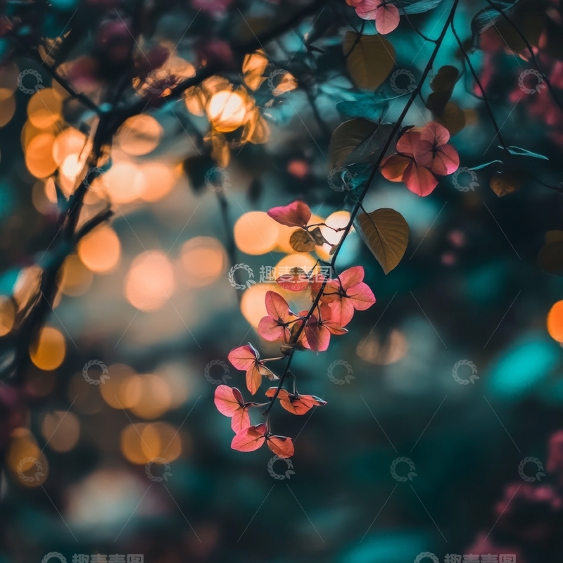 高清大图下载【趣麦麦图】暮色中的粉红花朵与光斑