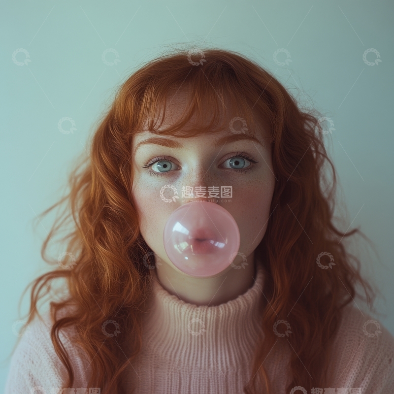 高清大图下载【趣麦麦图】红发女子吹泡泡糖