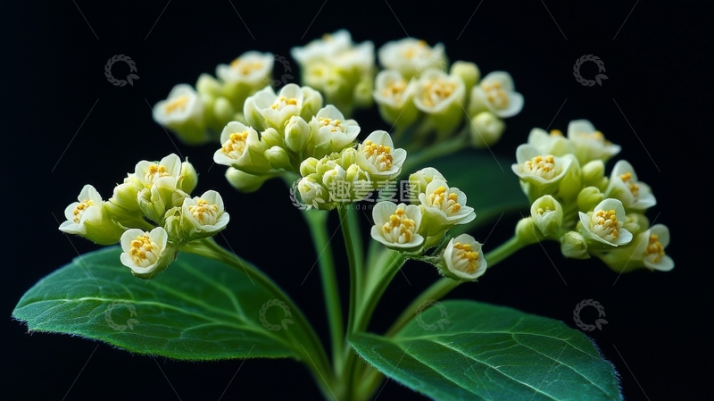 高清大图下载【趣麦麦图】黄色小花簇与绿叶的特写