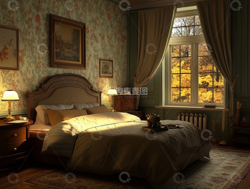 高清大图下载【趣麦麦图】温馨卧室秋景窗外