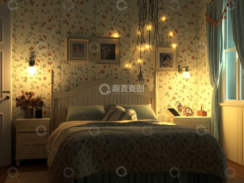 高清大图下载【趣麦麦图】温馨卧室，灯光点缀的浪漫氛围