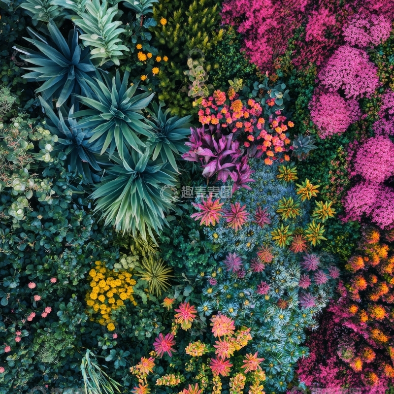 高清大图下载【趣麦麦图】多彩植物墙的俯视图