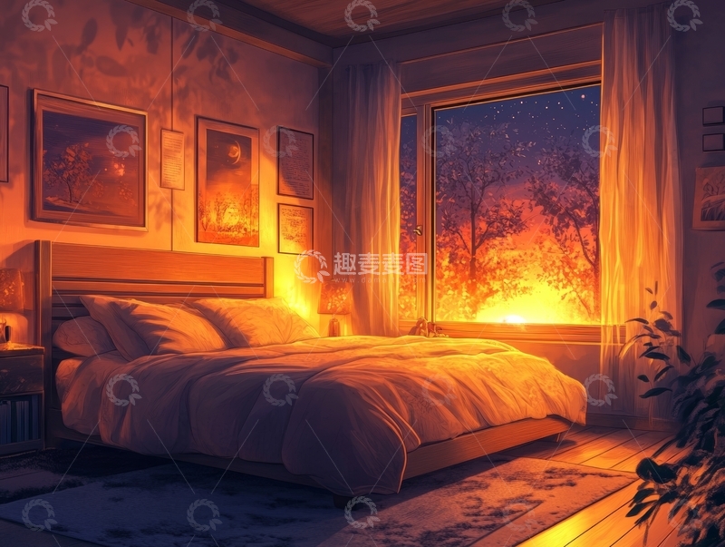 高清大图下载【趣麦麦图】温馨卧室夜景，窗外夕阳余晖