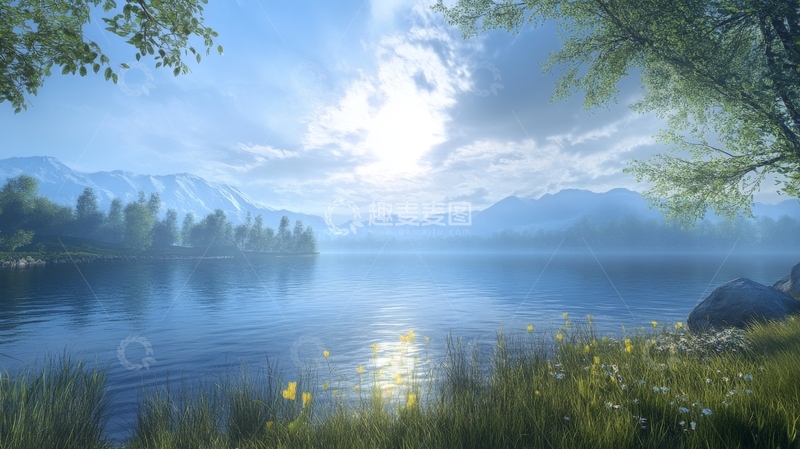 高清大图下载【趣麦麦图】湖畔晨光，远山静谧