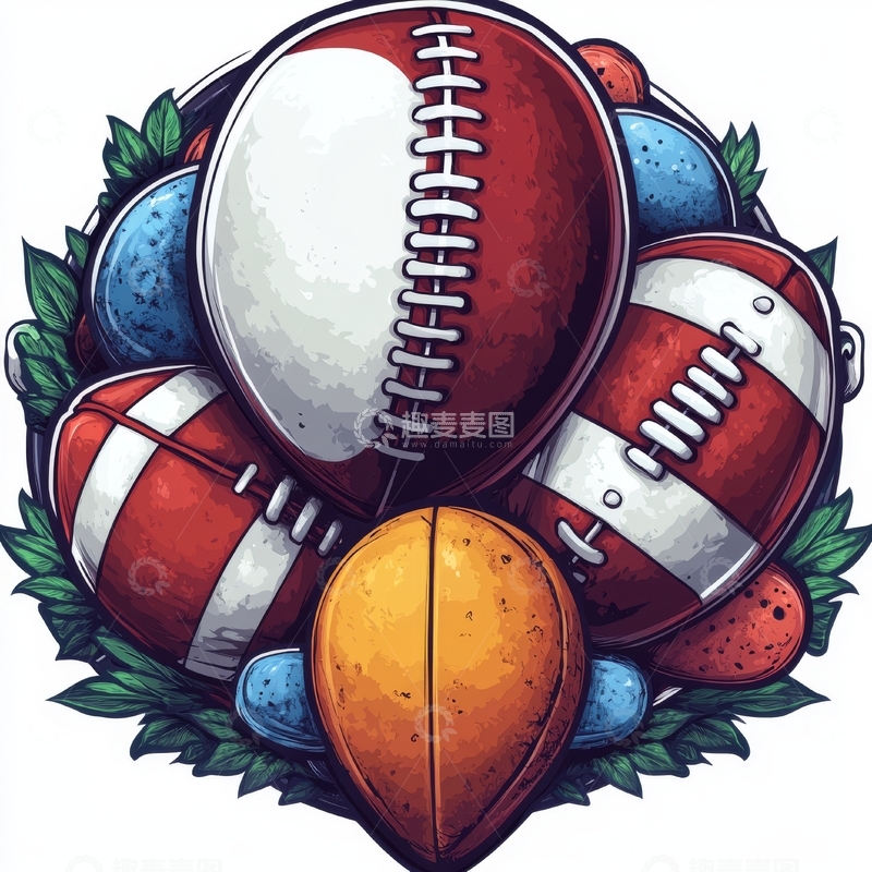 高清大图下载【趣麦麦图】多彩橄榄球簇拥在绿叶中