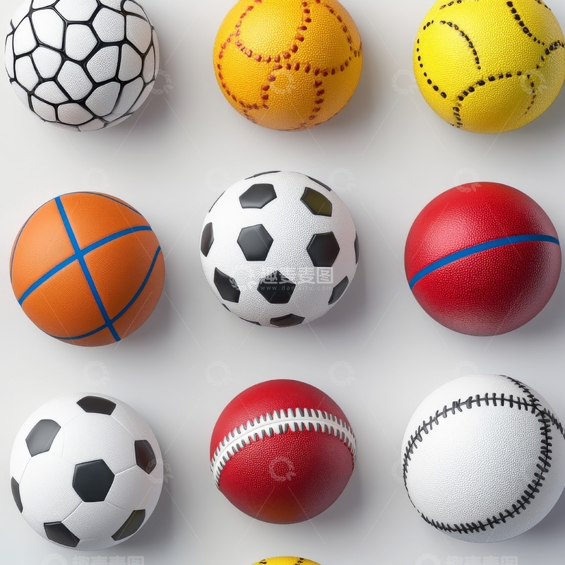 高清大图下载【趣麦麦图】多种颜色和类型的运动球排列展示