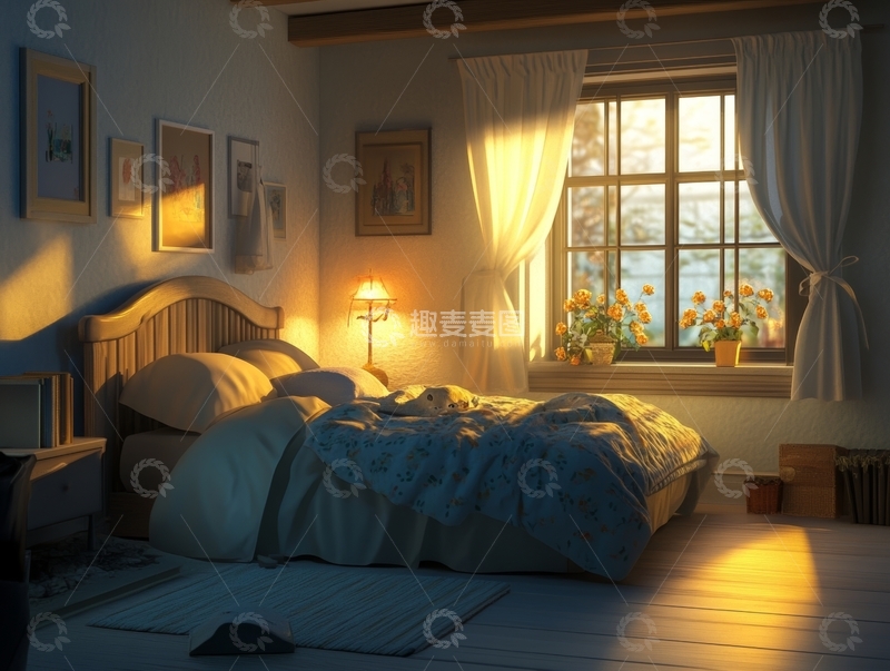 高清大图下载【趣麦麦图】温馨卧室阳光透过窗帘洒在床上