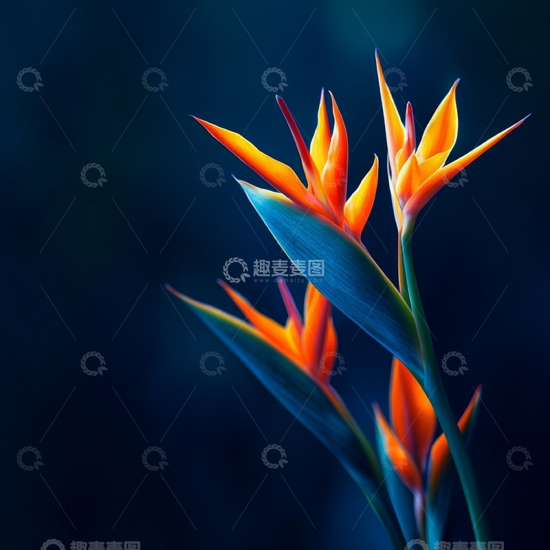 高清大图下载【趣麦麦图】热带天堂鸟花在深蓝背景中