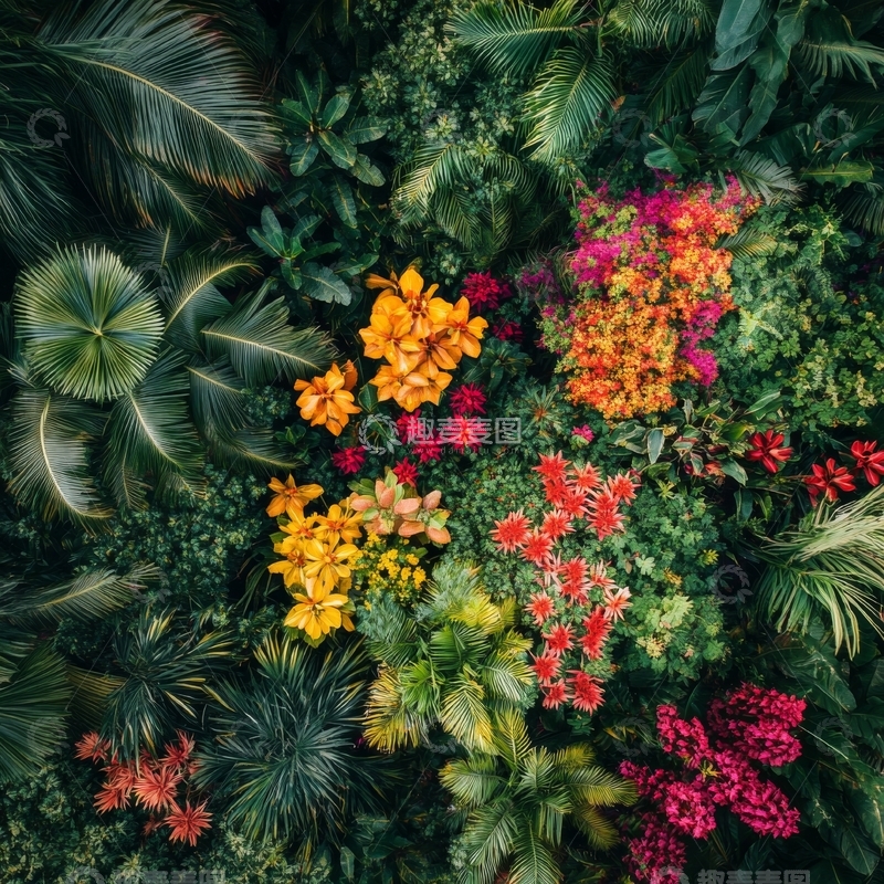 高清大图下载【趣麦麦图】热带植物墙的多彩花卉