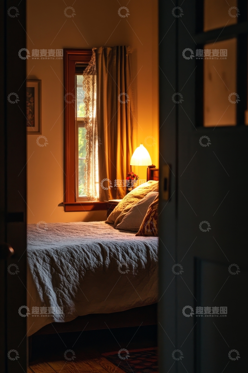高清大图下载【趣麦麦图】温馨卧室，阳光透过窗帘洒在床上