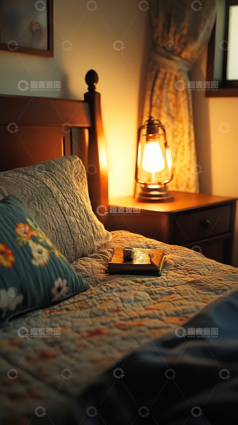 高清大图下载【趣麦麦图】温馨卧室床头灯下的静谧夜晚