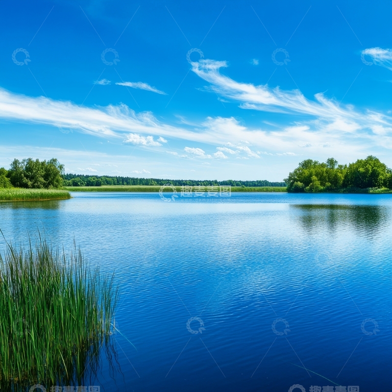 高清大图下载【趣麦麦图】宁静湖面与蓝天绿树