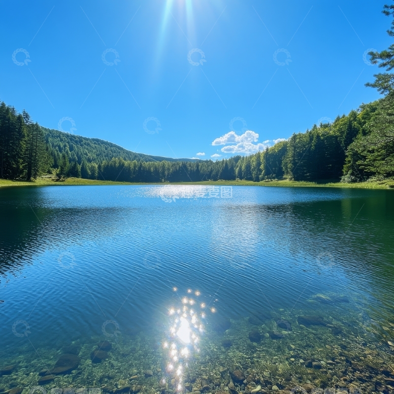 高清大图下载【趣麦麦图】宁静湖面与蓝天绿树