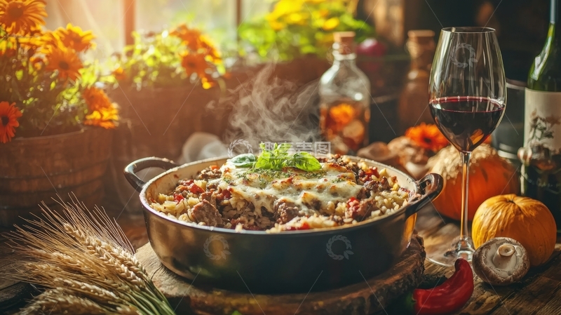 高清大图下载【趣麦麦图】热气腾腾的烤肉饭配红酒与秋日装饰