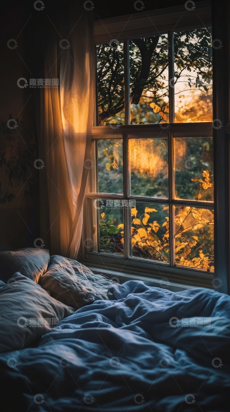 高清大图下载【趣麦麦图】窗边的床与夕阳景色