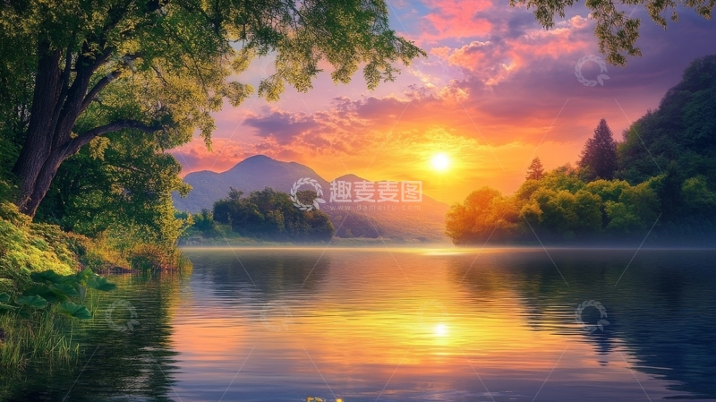 高清大图下载【趣麦麦图】湖畔日落，山林倒影