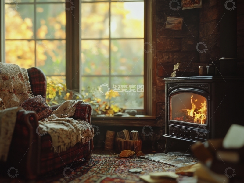 高清大图下载【趣麦麦图】温馨客厅，炉火映照秋日景色