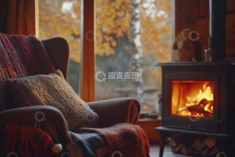 高清大图下载【趣麦麦图】温暖的室内场景，壁炉旁的舒适椅子