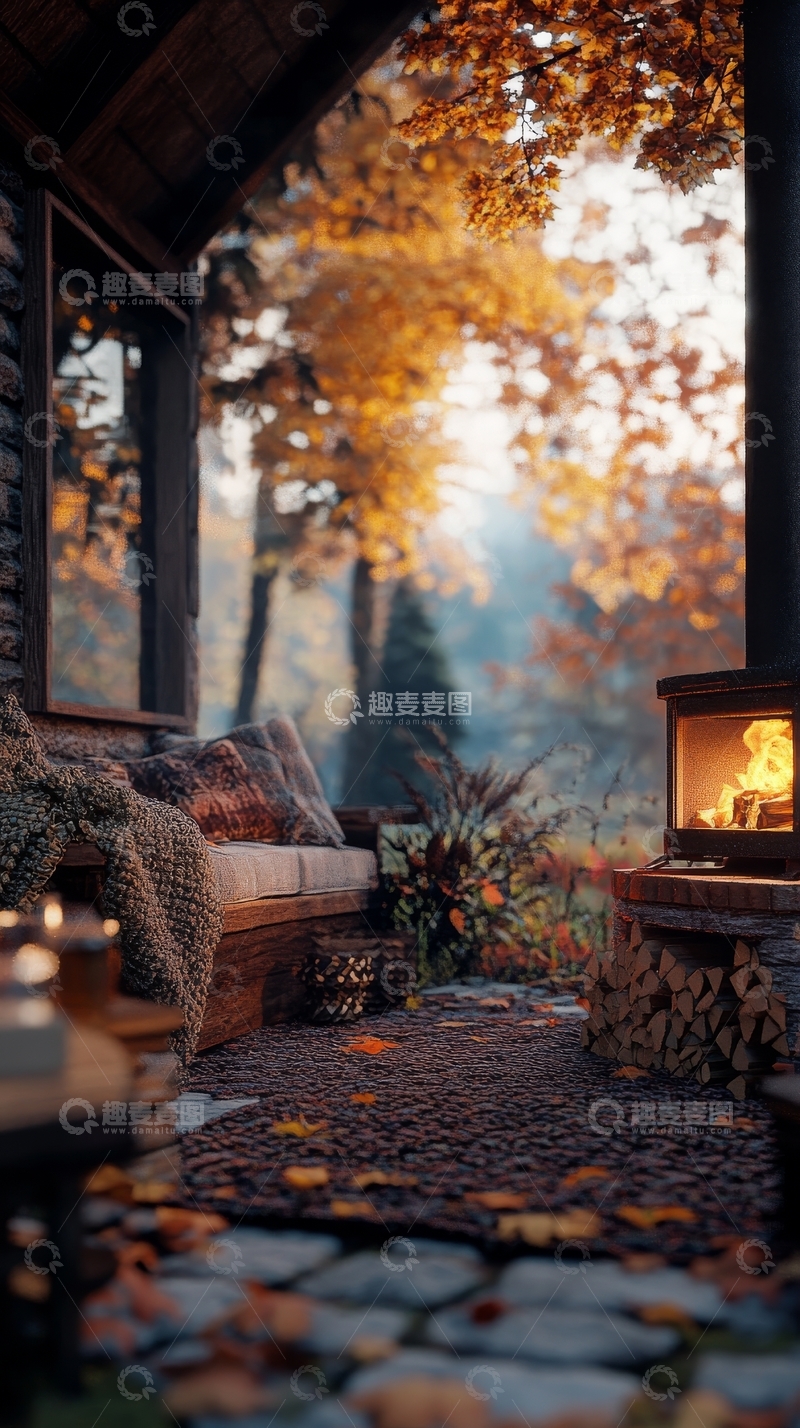 高清大图下载【趣麦麦图】秋日林间小屋，暖炉旁的宁静时光