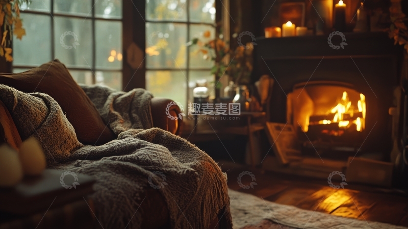 高清大图下载【趣麦麦图】温馨客厅，壁炉旁的舒适角落