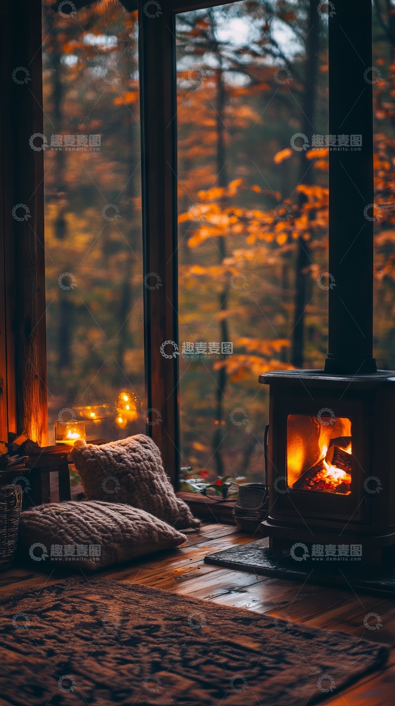 高清大图下载【趣麦麦图】温暖壁炉旁的秋日森林景色