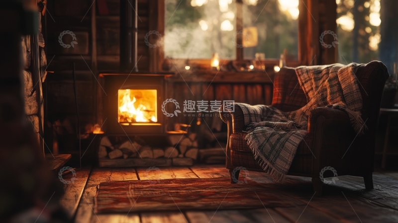 高清大图下载【趣麦麦图】温馨木屋内的壁炉与沙发