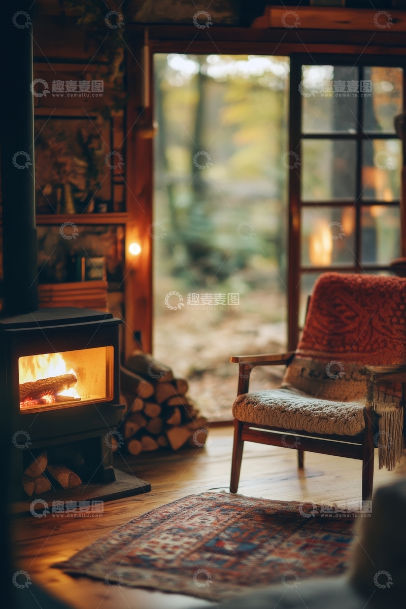 高清大图下载【趣麦麦图】温馨木屋室内，壁炉旁的舒适座椅