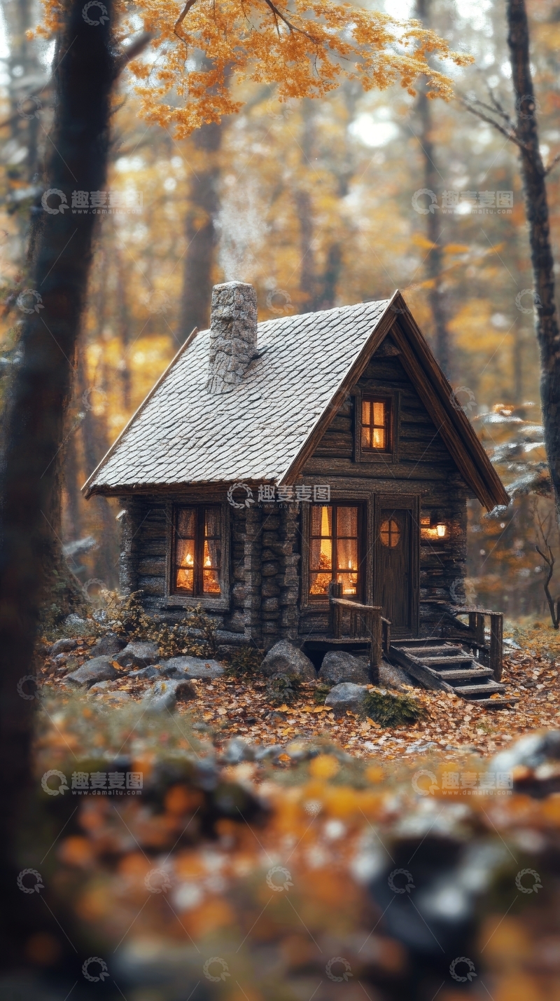 高清大图下载【趣麦麦图】秋日森林中的木屋
