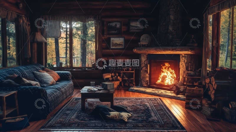 高清大图下载【趣麦麦图】温馨木屋客厅，壁炉熊熊燃烧