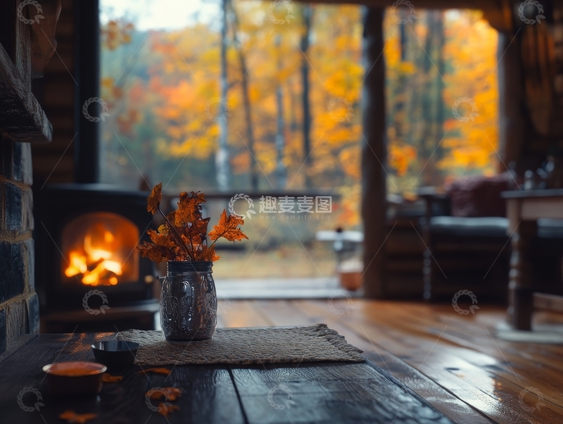 高清大图下载【趣麦麦图】秋日暖居，炉火与落叶的静谧时光