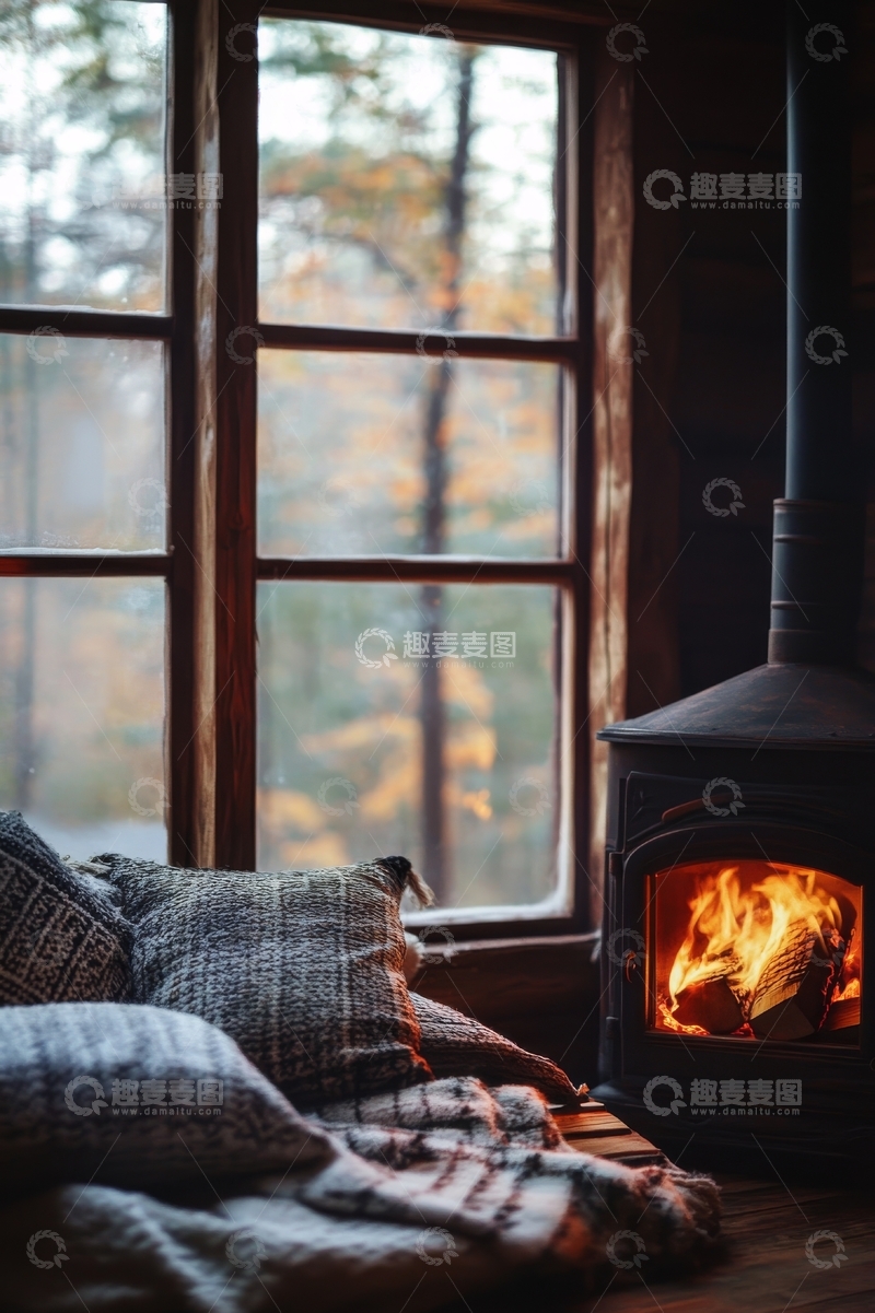高清大图下载【趣麦麦图】温暖的壁炉旁，窗外秋景如画