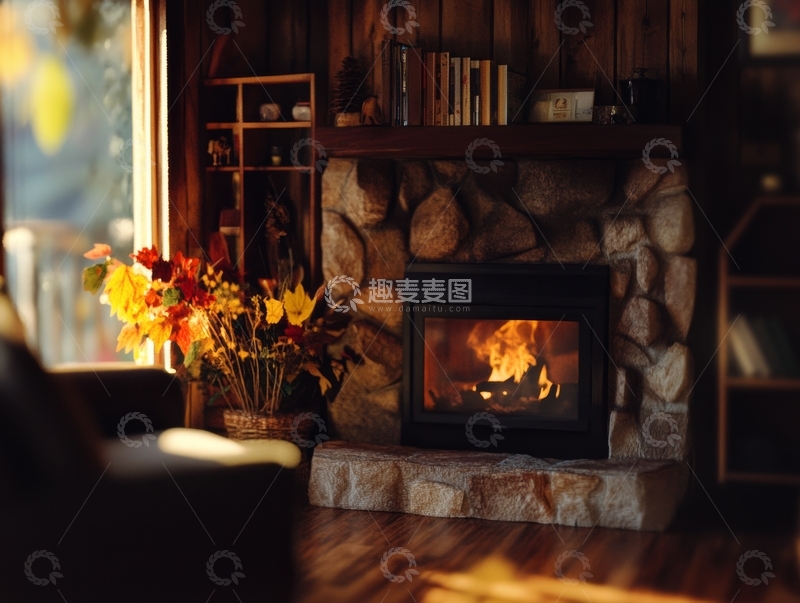 高清大图下载【趣麦麦图】温馨客厅的壁炉与秋日装饰
