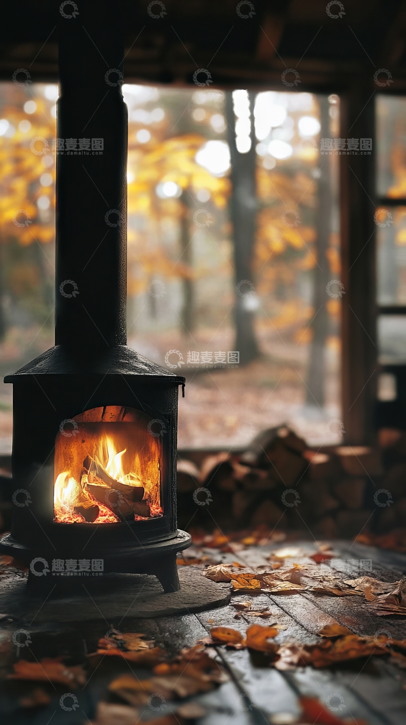 高清大图下载【趣麦麦图】秋日木屋内的温暖壁炉