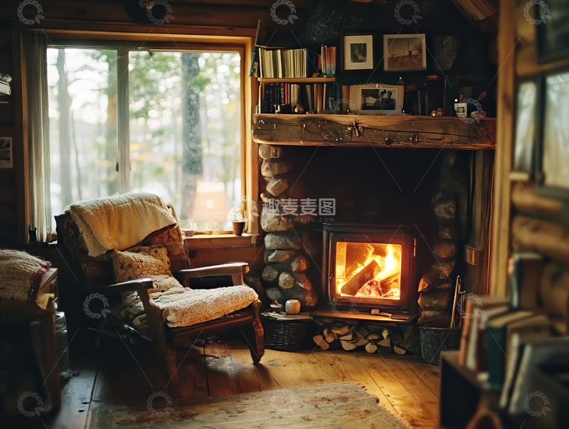 高清大图下载【趣麦麦图】温馨木屋内的壁炉与阅读角落