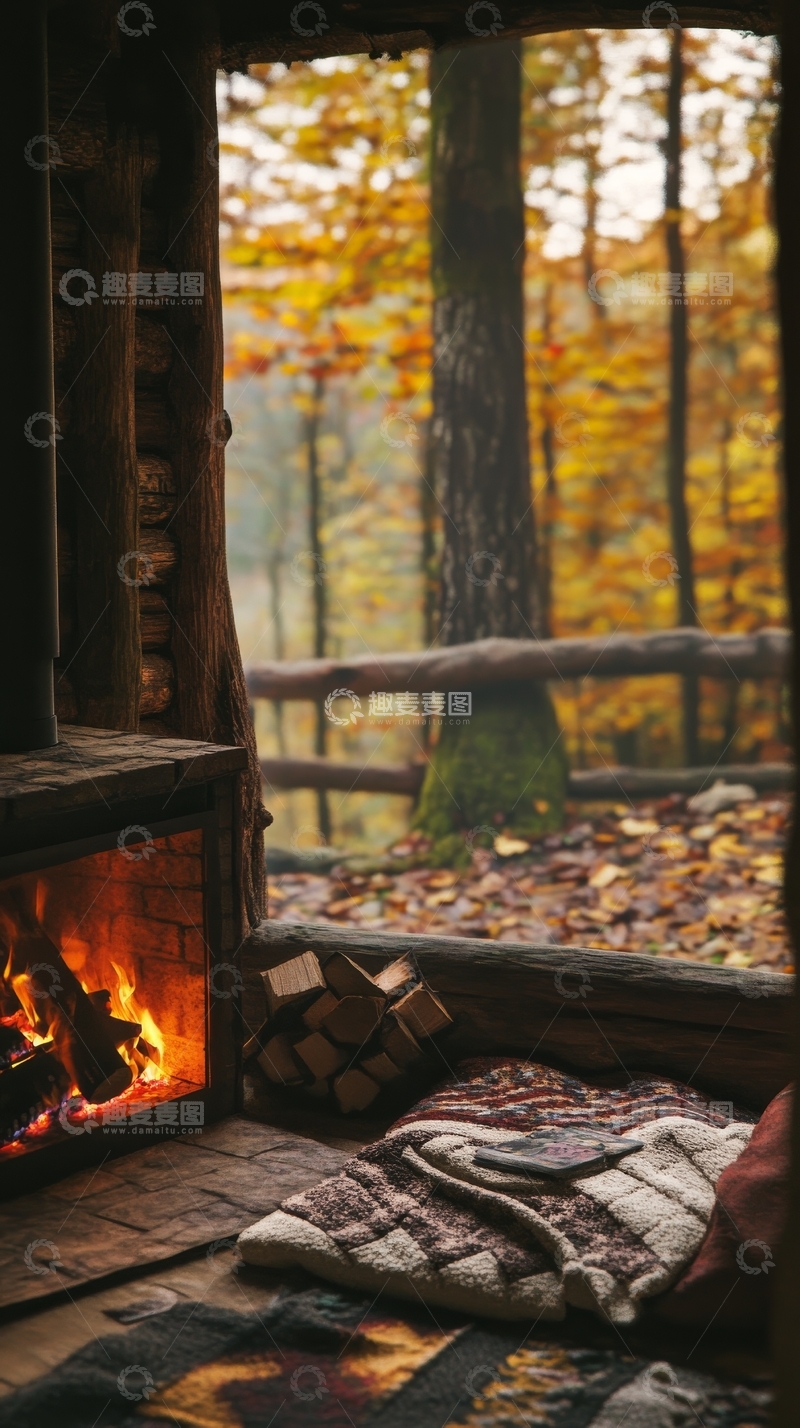 高清大图下载【趣麦麦图】秋日林间小屋，炉火温暖如春